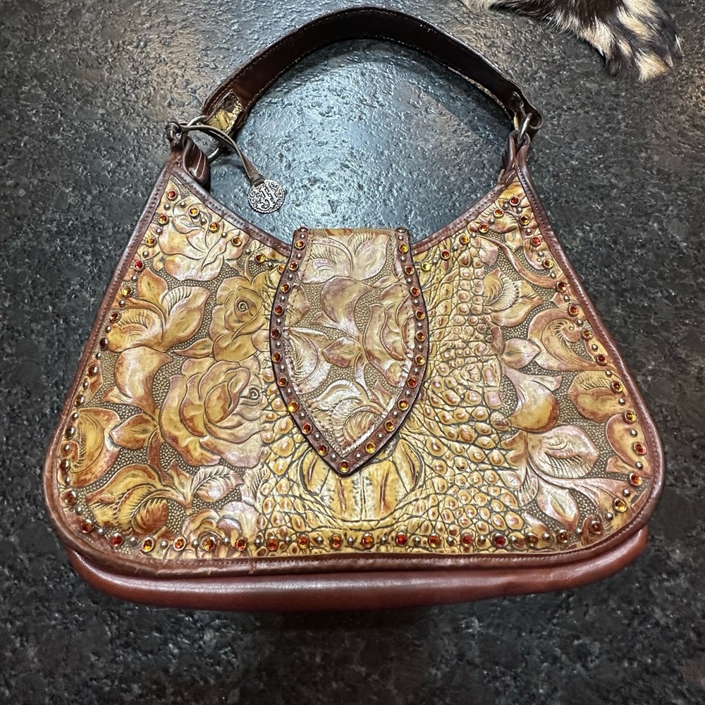 Artisan Embossed Floral/Alligator Shoulder Bag in Brown and Gold